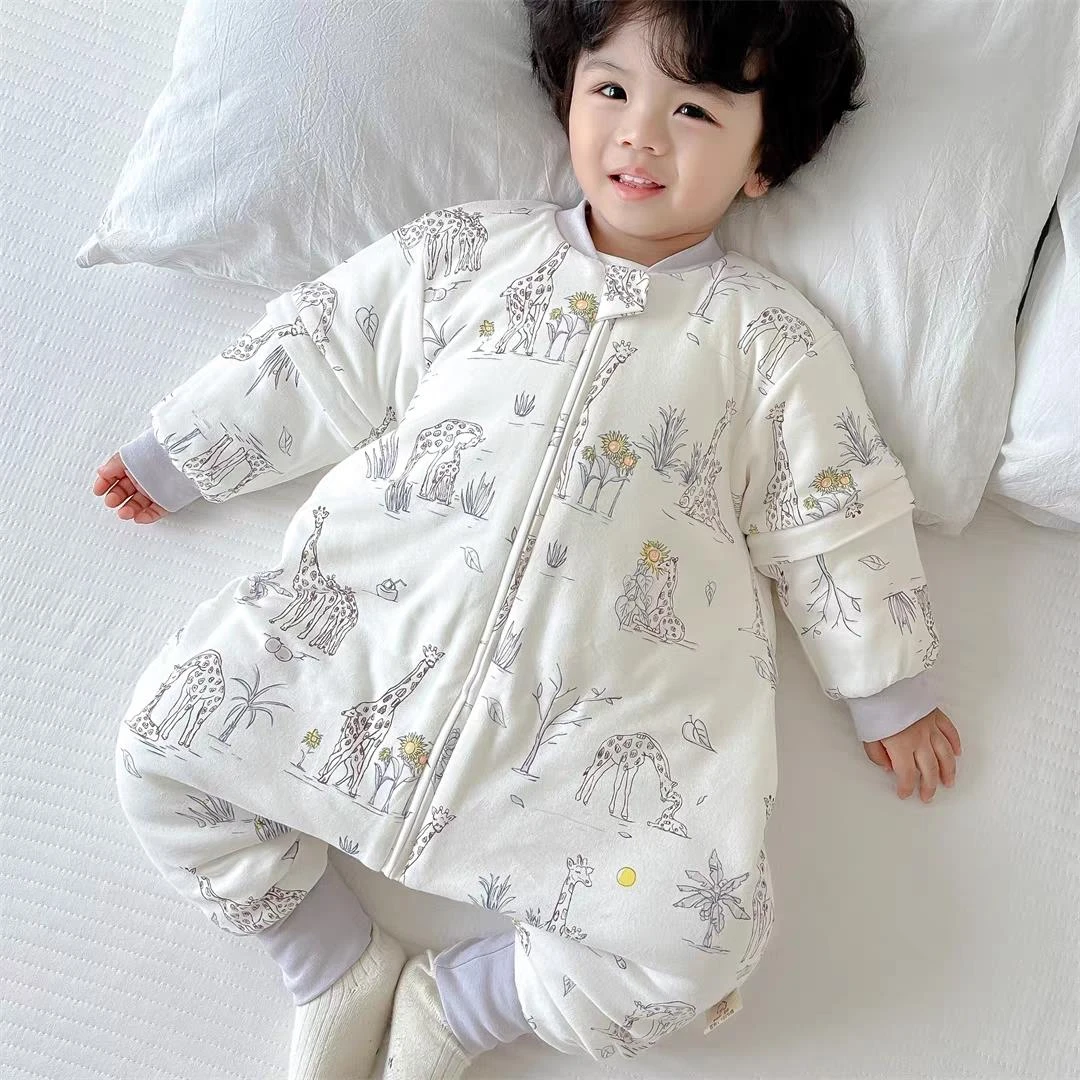 婴幼儿分腿夹棉睡袋男女宝宝秋冬加厚防踢被可拆半袖儿童连体爬服