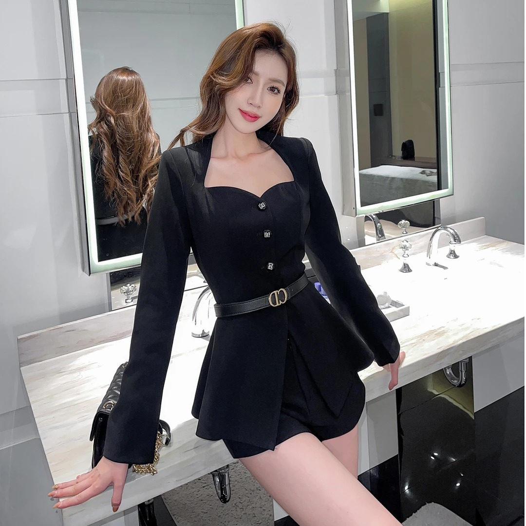 法式名媛气质套装女24秋冬新款方领复古修身西装裙小香风外套短裤