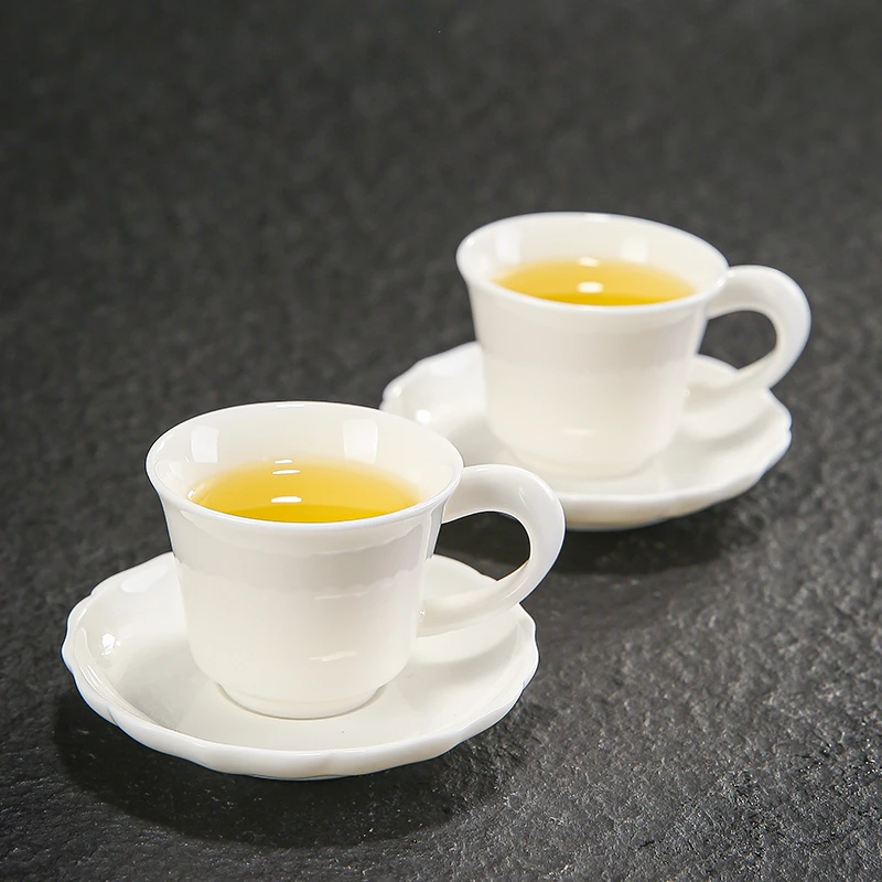 羊脂玉6只装功夫小茶杯中国白陶瓷防烫带把描金功夫铴茶杯纯色杯