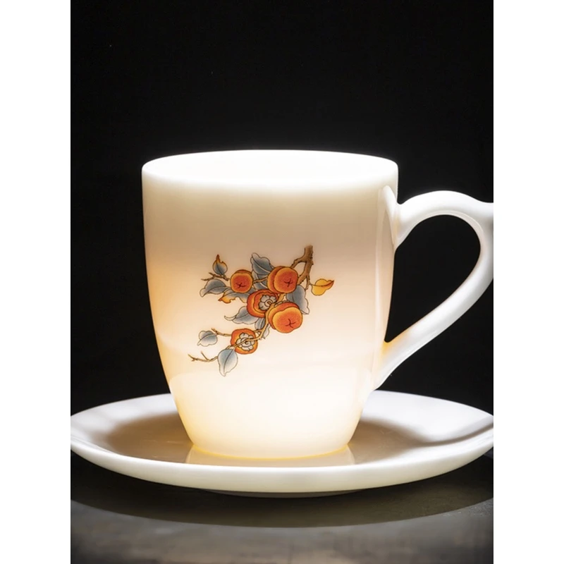 高档羊脂玉瓷茶杯200ml带把防烫功夫品茗杯大容量德化白瓷泡茶杯