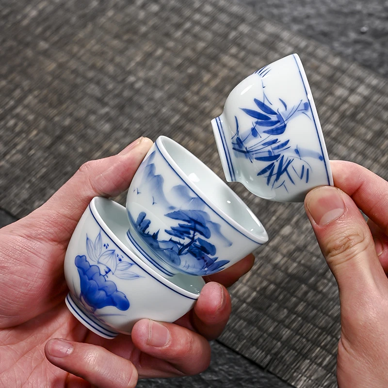 huateng/化腾家用手绘功夫茶具小茶杯6只装釉下彩陶瓷品茗杯茶盏