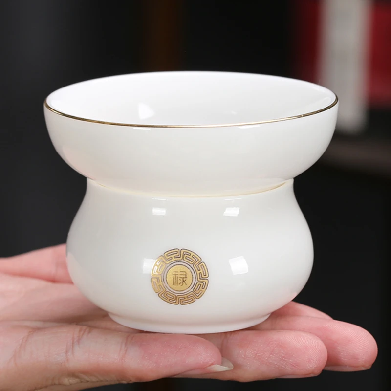 家用描金德化羊脂玉白瓷茶漏细纱网滤茶器网漏陶瓷过滤网茶水分离