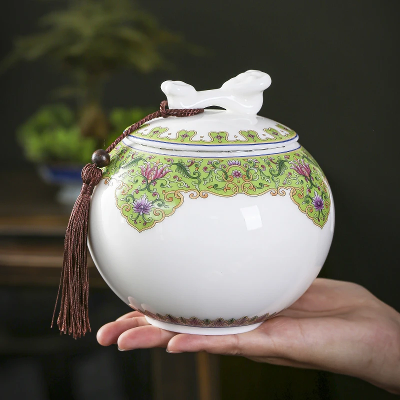 大号高档羊脂玉陶瓷茶叶罐珐瑯彩白瓷储茶罐密封罐茶叶空盒半斤装