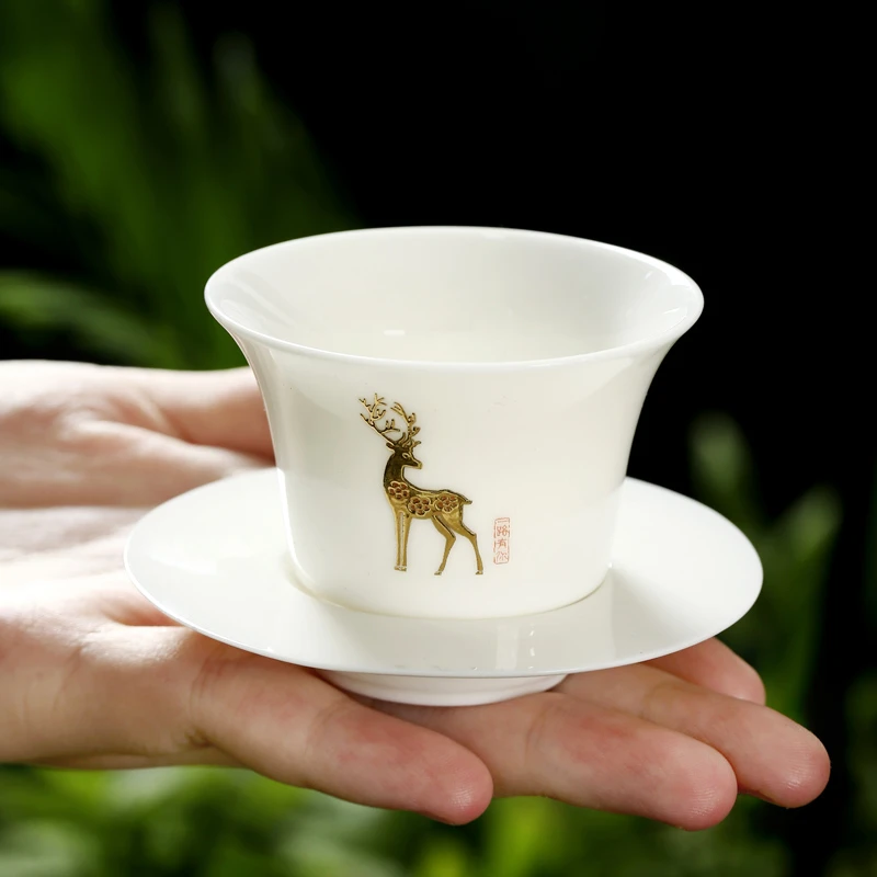 羊脂玉功夫小茶杯家用带杯碟高档玉白瓷茶盏泡茶杯品茗杯配杯托垫