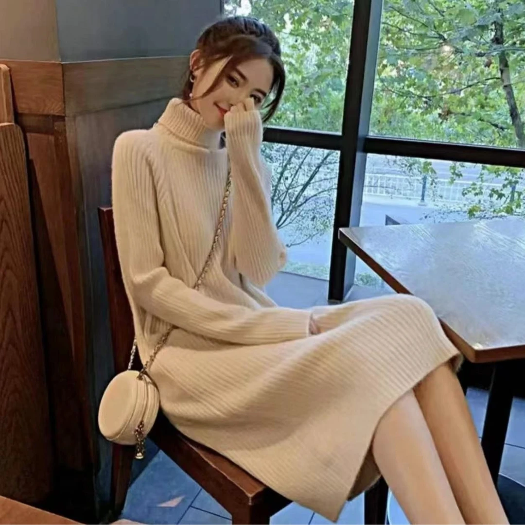 2023秋冬新款高领针织连衣裙中长款修身打底毛衣裙女直筒加厚时尚