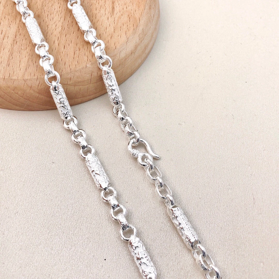 链子足银 银大福9999足银男生项链麻花纯银龙骨龙头圆珠圆筒男士