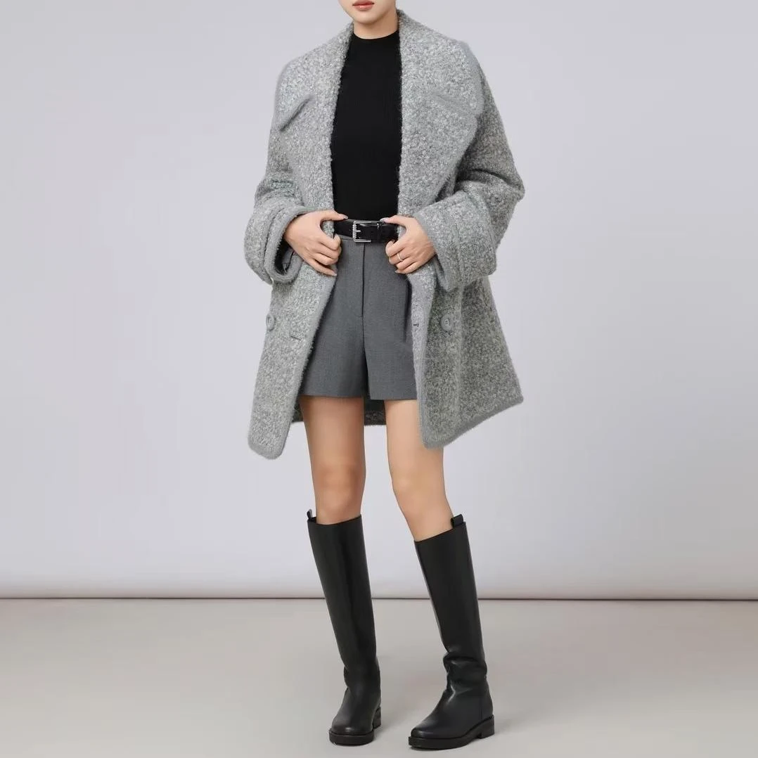 AMASS/阿玛施秋冬新款时尚双排扣中长款翻领廓形毛呢外套5400842