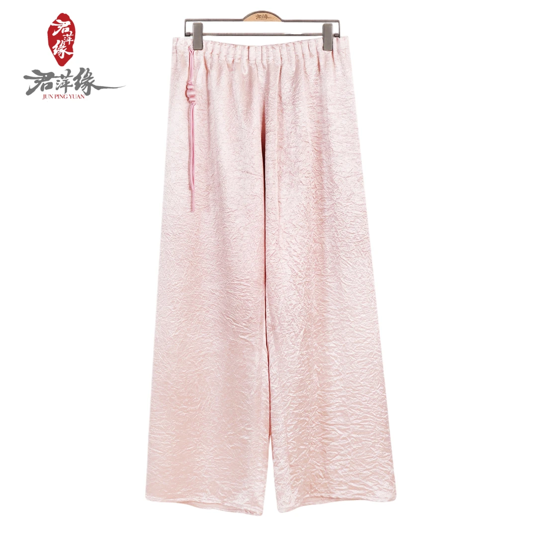 《君萍缘》新中式醋酸葫芦盘扣压褶垂坠光泽感百搭时尚阔腿裤