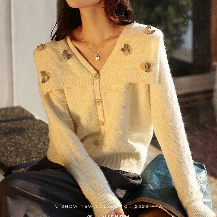 韩系慵懒风针织开衫女2023新款装翻领花朵软糯针织衫女JYY2125
