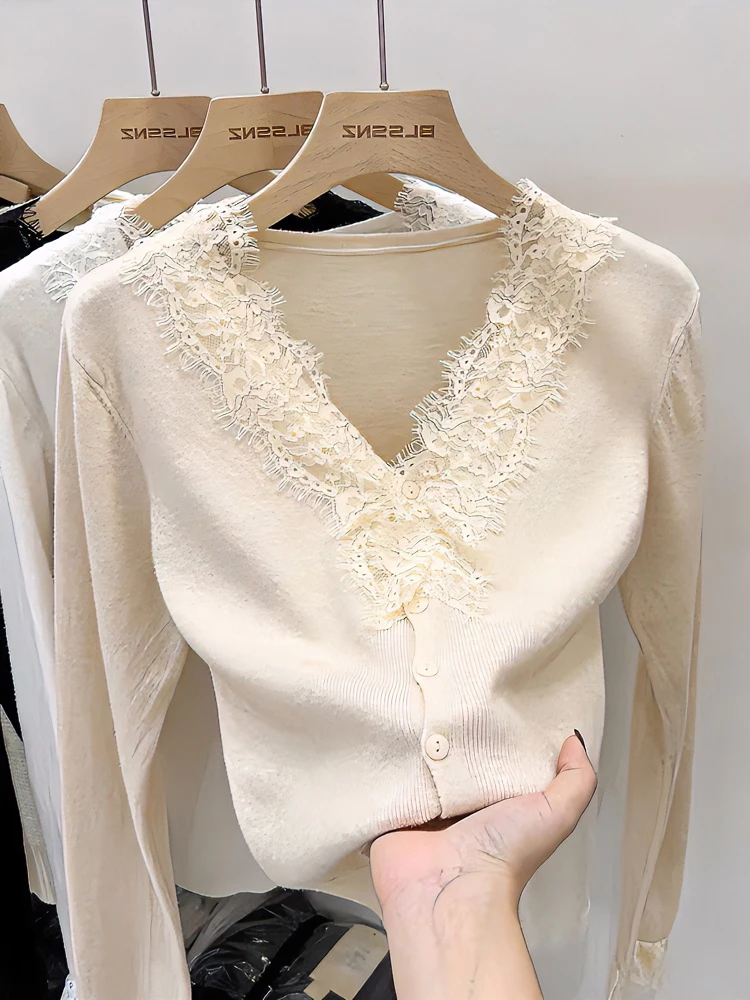 v领拼蕾丝长袖小针织开衫新款毛衣针织开衫JYY0025