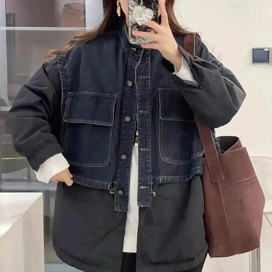 3035拼接假两件棉衣外套