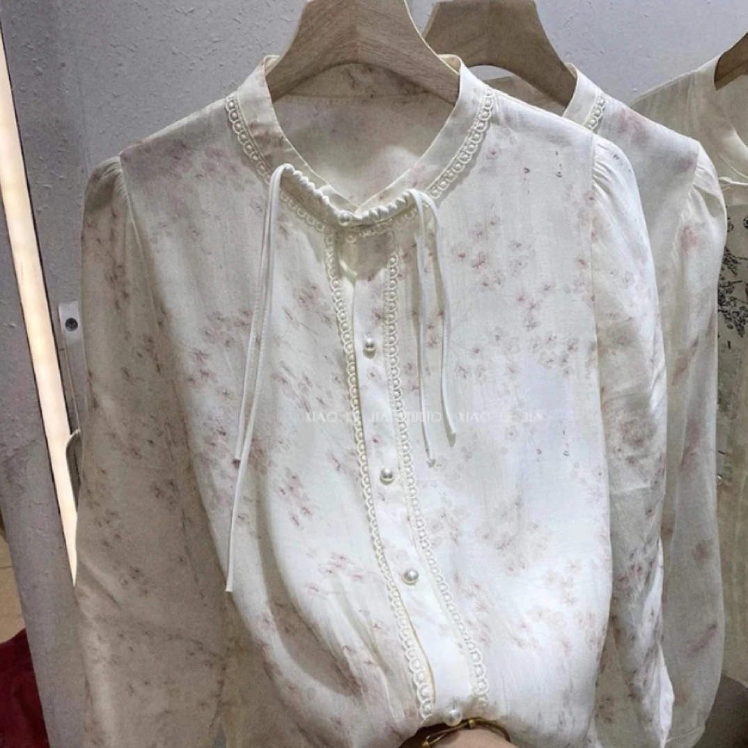 9056 春夏新款新中式碎花流苏盘扣衬衫（衣长64）