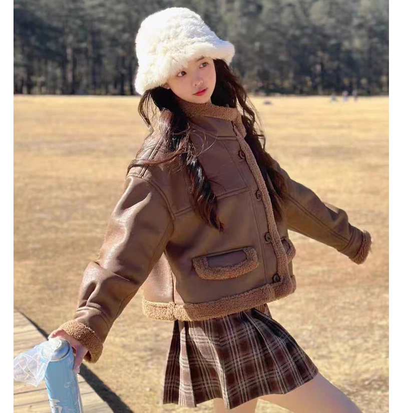 6601毛毛一体毛小个子宽松加厚立领短款夹克上衣-衣长60