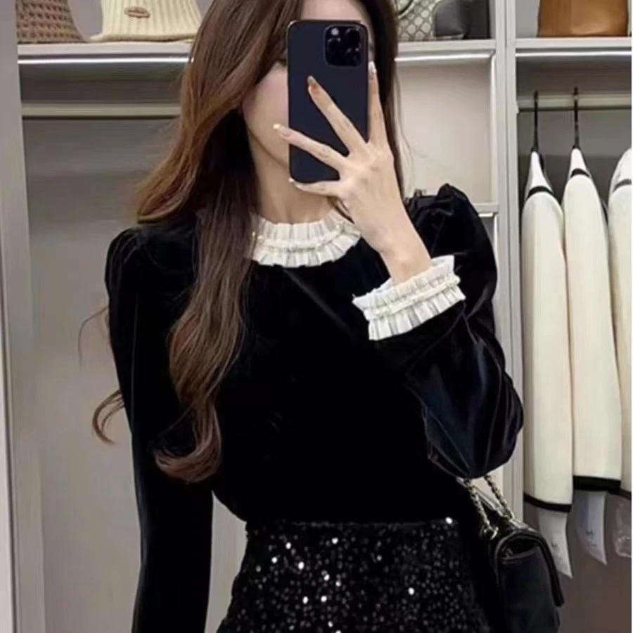 254 法式复古蕾丝拼接金丝绒长袖衬衫