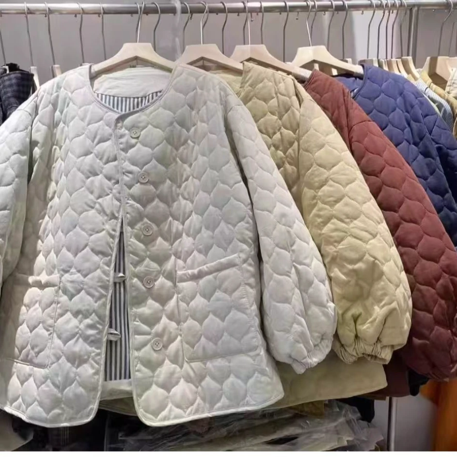 #8075休闲百搭宽松秋冬时尚圆领文艺棉服外套-衣长66