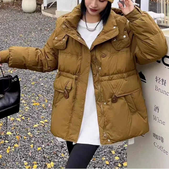 g150 韩版连帽中长款收腰显瘦面包服冬装宽松加厚绒-衣长71