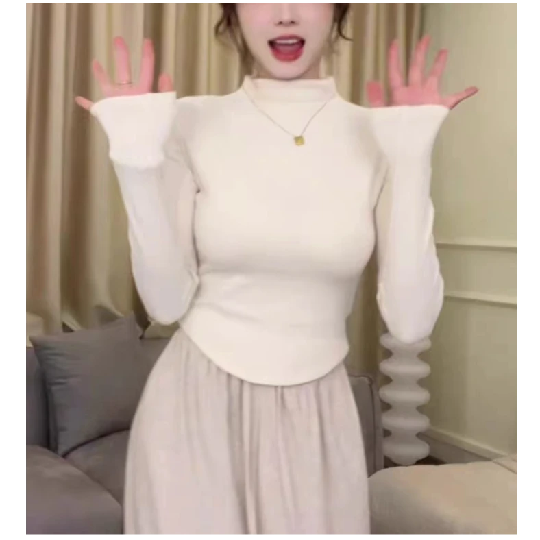 2008  半高领高级感穿搭修身弧形下摆内搭打底衫上衣-衣长56