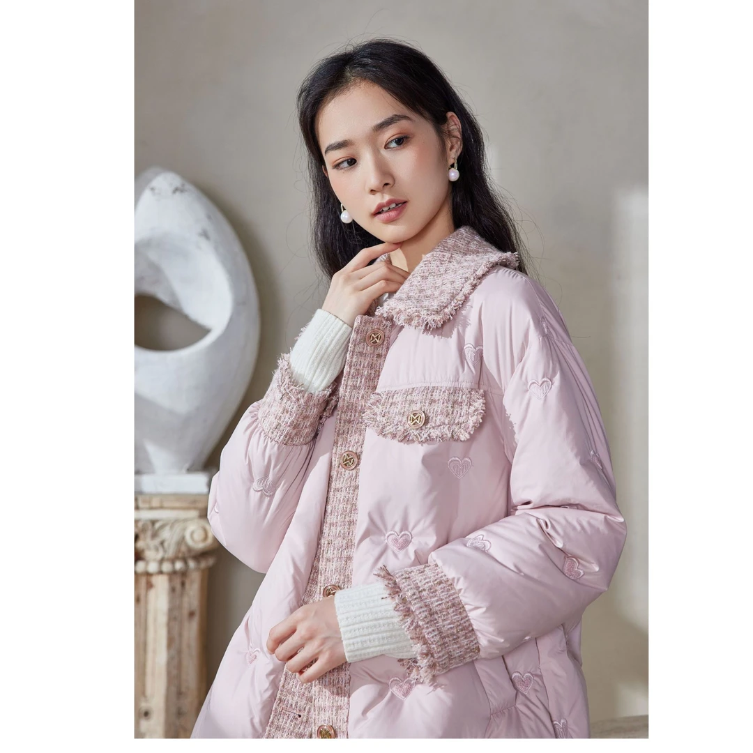 【恩朗严选】粗花呢与爱心绣花直冲拼接羽绒外套88Y6009