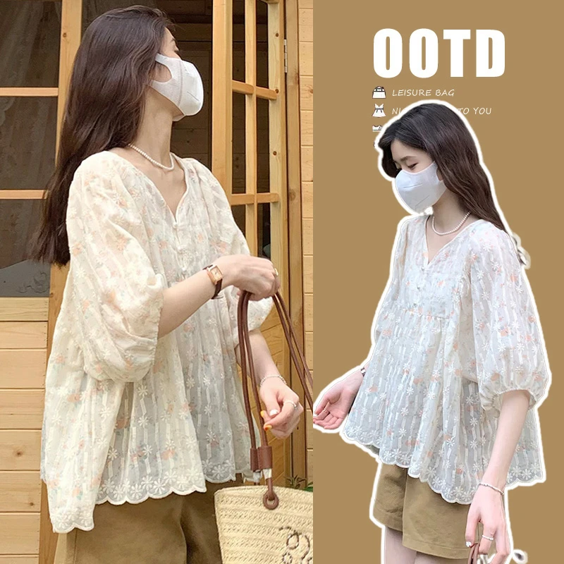 孕妇上衣2025夏季新款宽松蕾丝碎花衬衫洋气气质韩版甜美花色上衣
