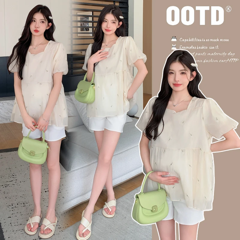 孕妇刺绣洋气法式甜美上衣2024夏季仙气轻薄遮肚显瘦高腰托腹短裤