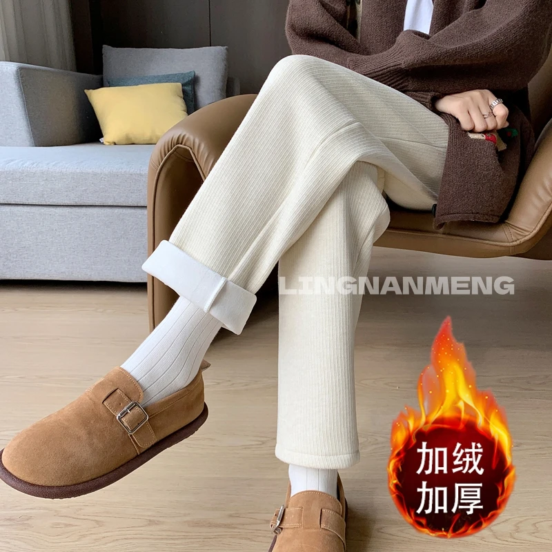 加厚直筒裤女冬款小个子加绒八分休闲糯米九分哈伦萝卜小脚奶奶裤