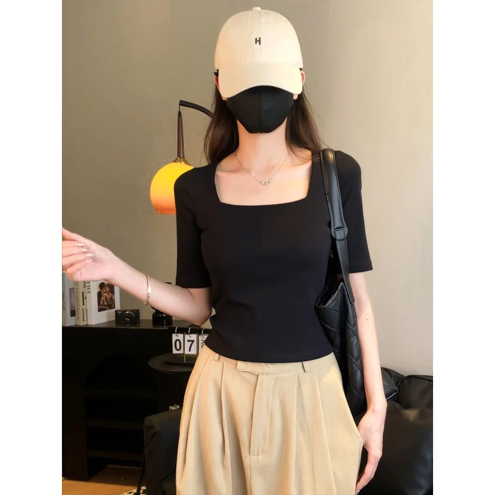 法式夏季新款时尚方领内折中袖T恤女小众设计感百搭修身显瘦上衣