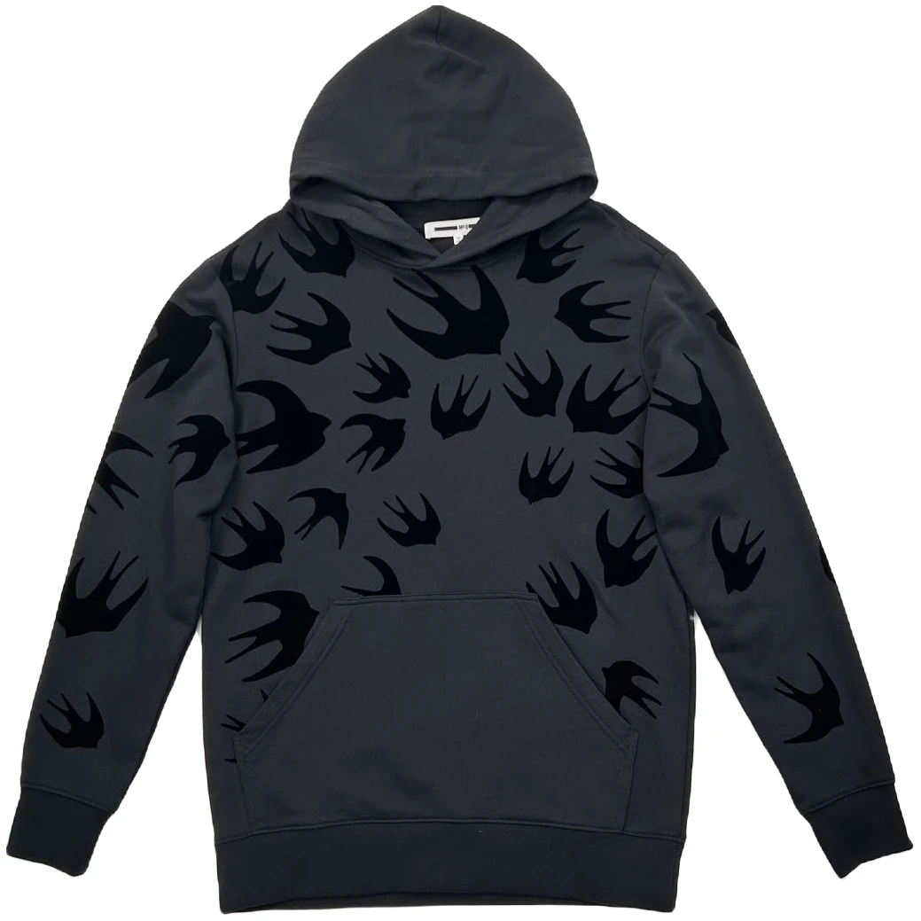 99新 Alexander McQueen/亚历山大·麦昆 黑植绒飞燕麻灰色帽衫男