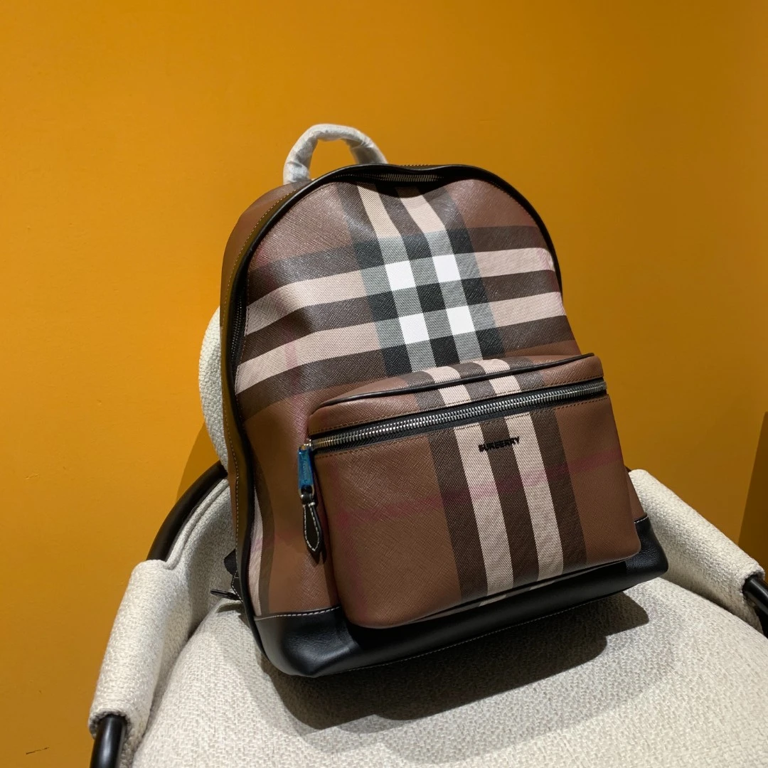 99新 BURBERRY/博柏利  经典格纹双肩背包底长30男女书包时尚棕色