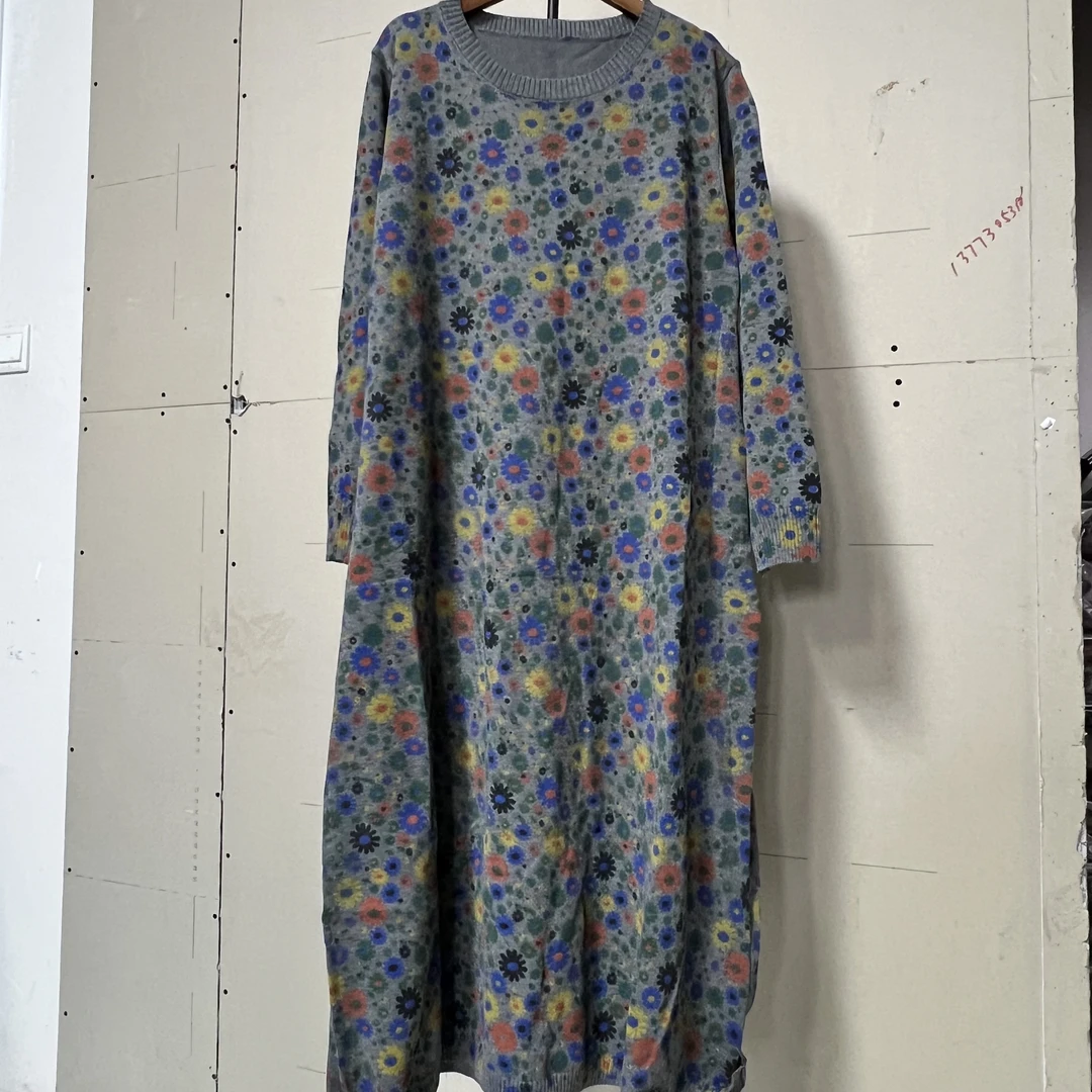 3313长款毛衣【麻袋片儿】炒色做旧时尚休闲气质中长款圆领毛衣