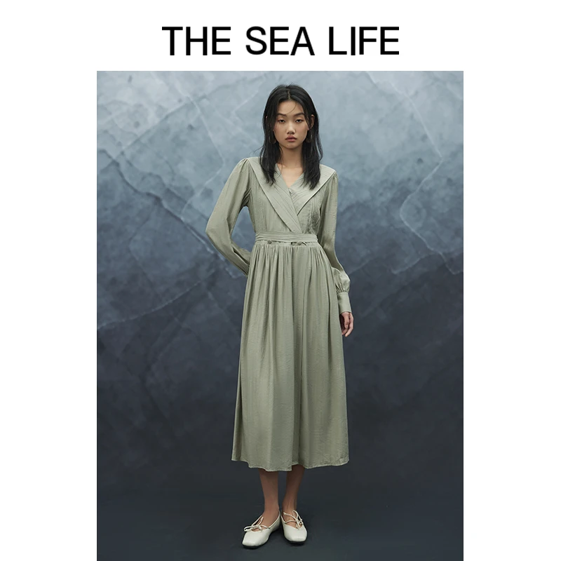 欧海一生 连衣裙气质长袖长裙复古法式收腰时尚thesealife3115