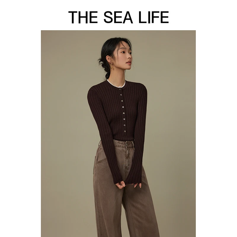 欧海一生 雅丹风24秋修身红棕色单排扣针织衫thesealife Z170038