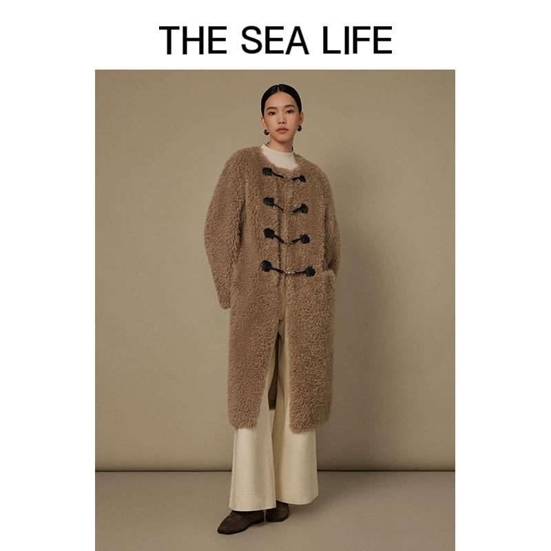 欧海一生羊羔毛外套24冬皮毛一体茶色廓形毛呢外套thesealife3310