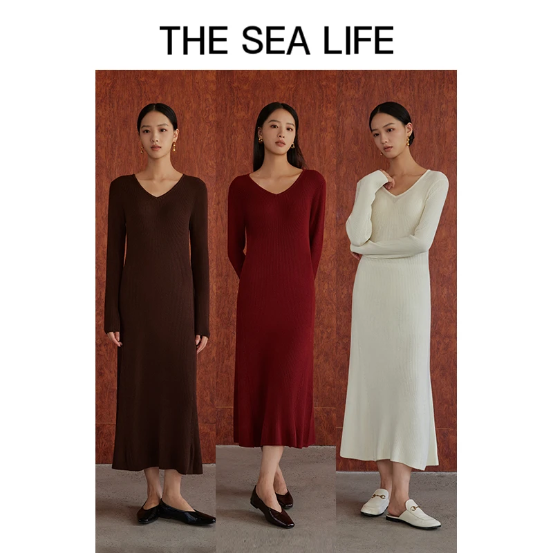 欧海一生 针织连衣裙2024秋冬长袖女士新款修身优雅长裙A180113