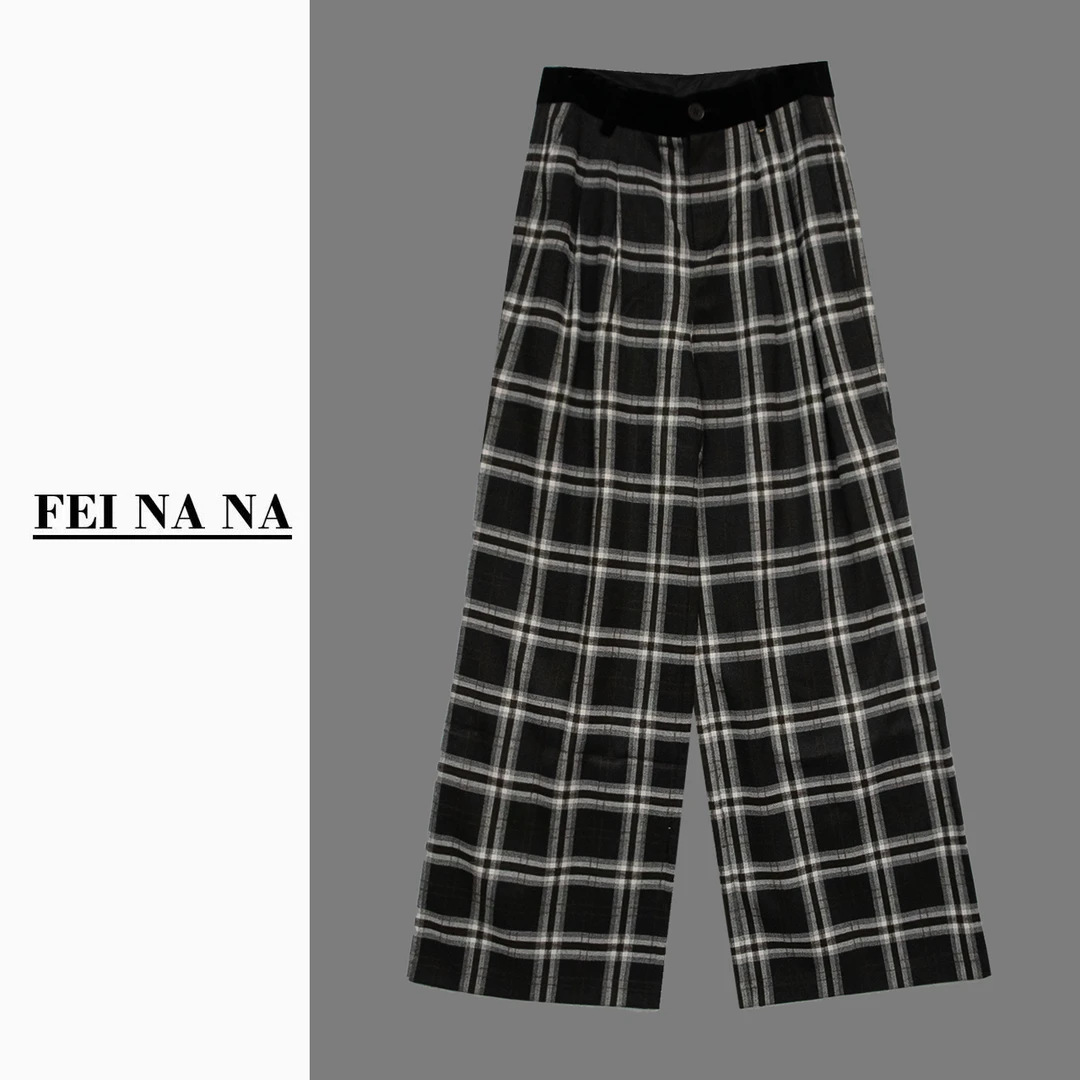 【feinana复古格子】2024早秋新款高腰拼接潮流休闲格子裤090513
