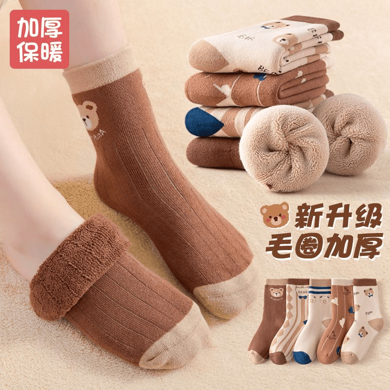 儿童袜子加绒加厚冬季蓄热保暖卡通小熊毛圈袜宝宝冬天秋冬中筒袜