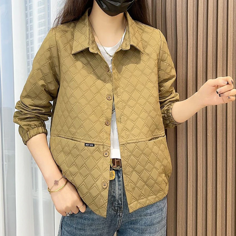 2024春秋新款时尚百搭翻领外套休闲纯色提花长袖夹克上衣女N7446