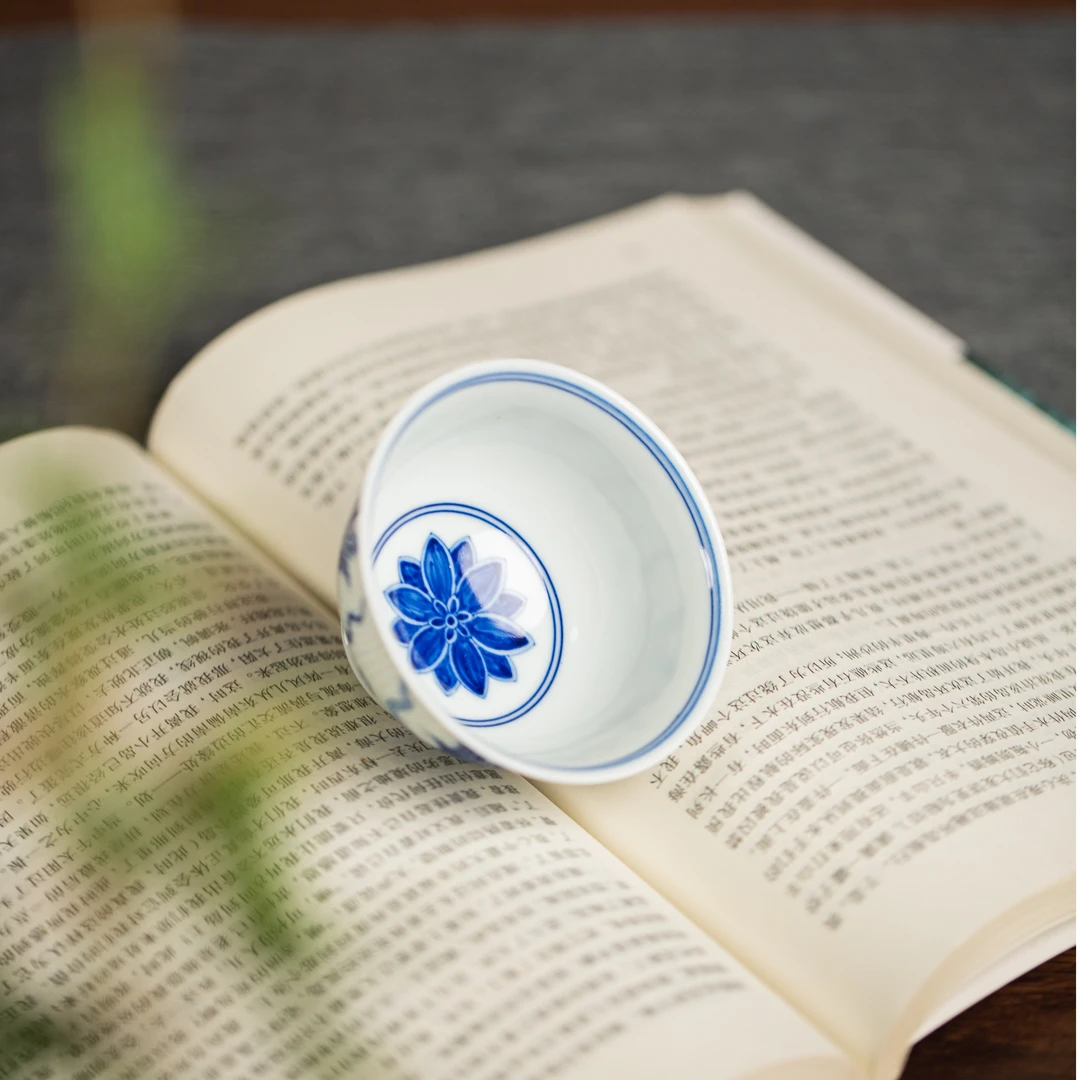 【景雅柴窑】青花萱草花高足杯 80cc  高温陶瓷全手绘茶杯