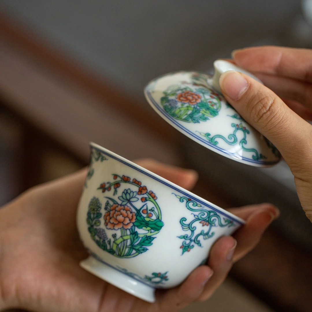 【汉唐风韵】青花斗彩团花盖碗 复古陶瓷纯手工高端茶器主泡器