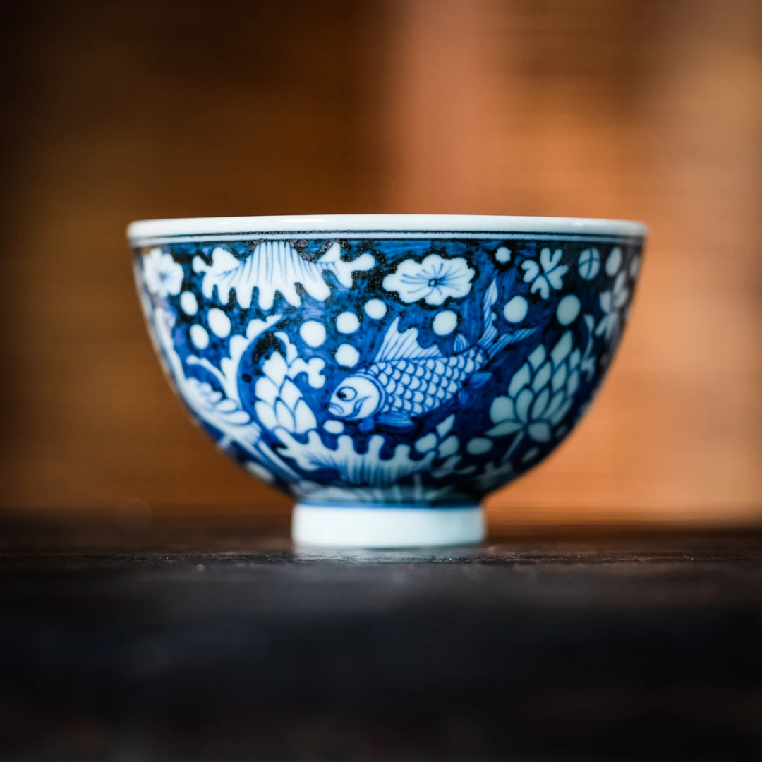 【至贤堂】仿元青花一路莲鱼鸡心杯 景德镇手工手绘陶瓷主人杯