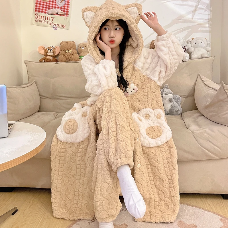 新款珊瑚绒睡衣女冬季加厚加绒保暖可爱法兰绒睡袍冬天加长款浴袍