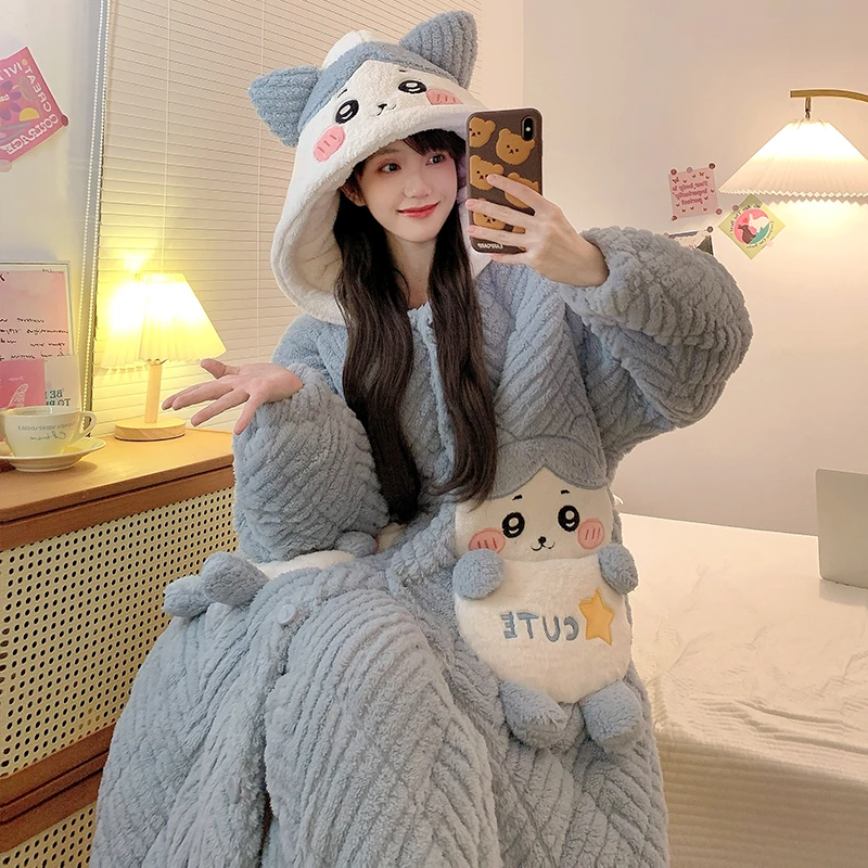 三层夹棉睡衣女秋冬季加绒加厚浴袍睡袍家居服可外穿