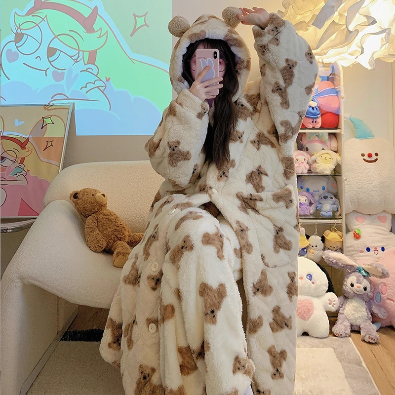 夹棉睡衣女2023年冬季新款三层加厚加绒珊瑚绒可爱睡袍套装家居服