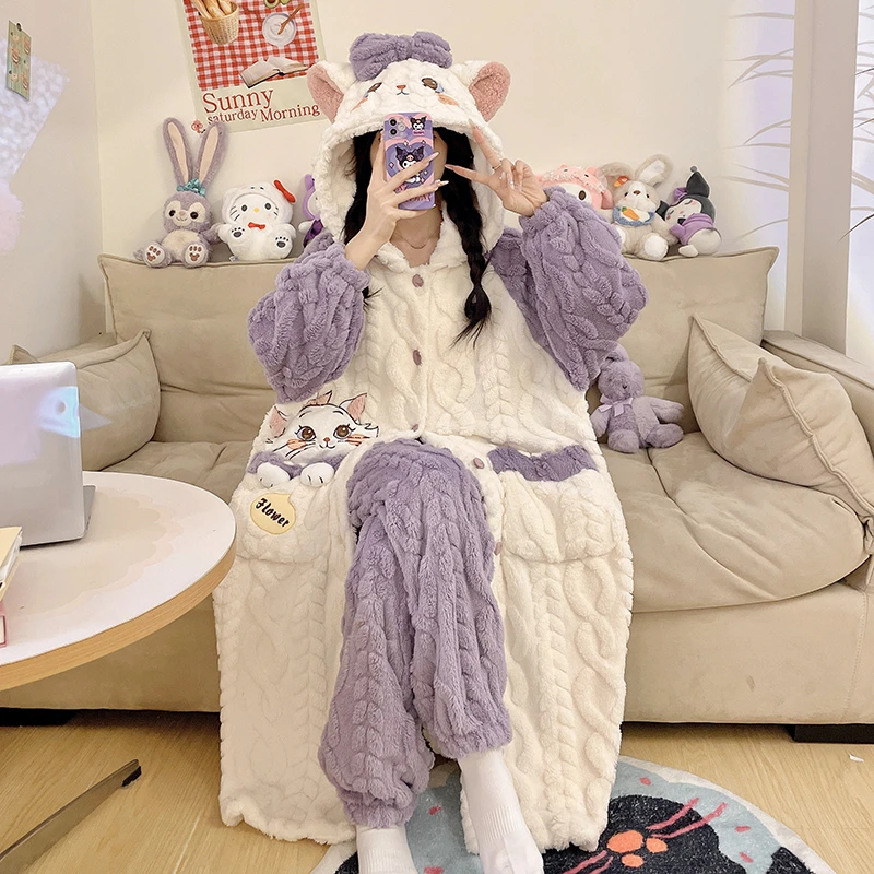珊瑚绒睡衣女秋冬季加绒加厚新款卡通慵懒风家居服套装睡袍