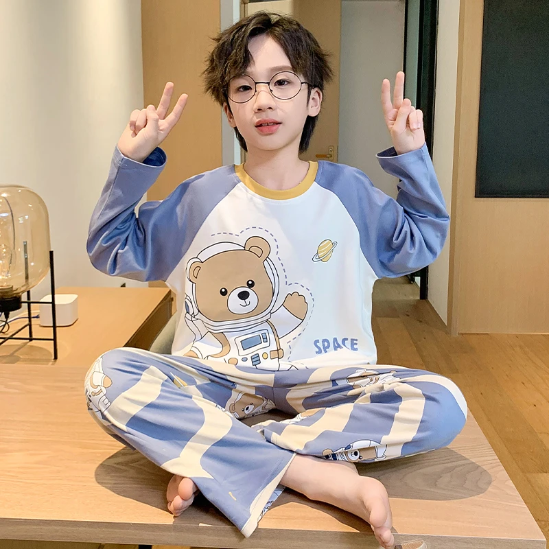 男童睡衣春秋季长袖薄款卡通小熊纯棉青少年睡衣小男孩家居服套装