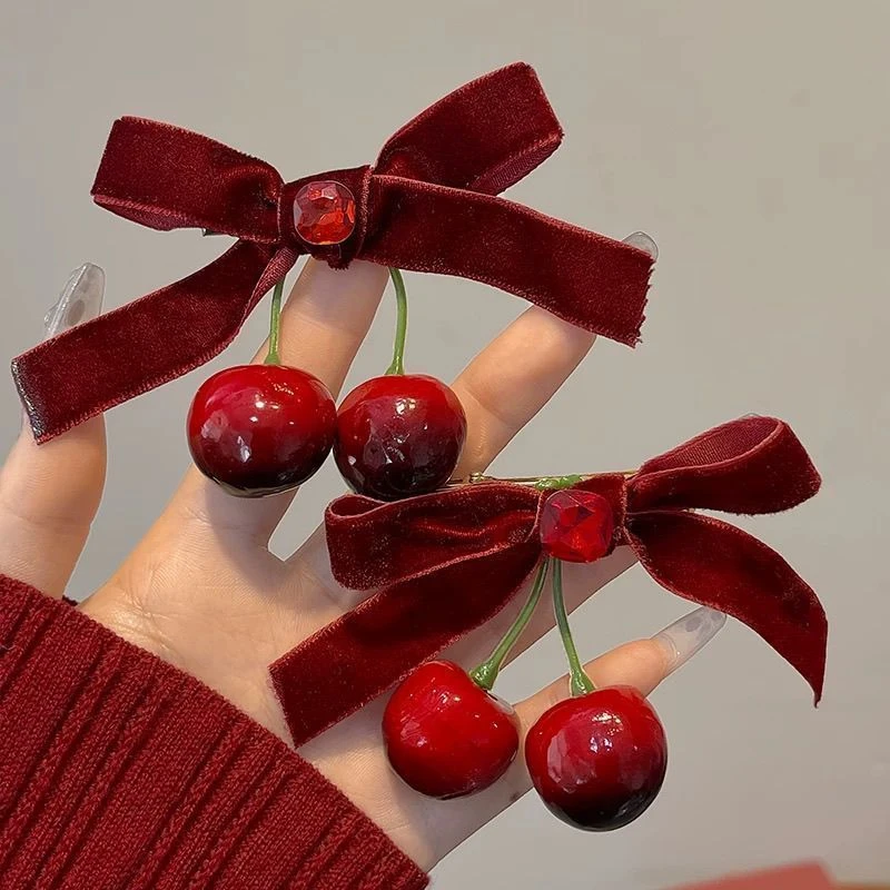 红色冬日樱桃发夹蝴蝶结碎发鸭嘴夹气质发卡夹子头饰可爱网红发饰