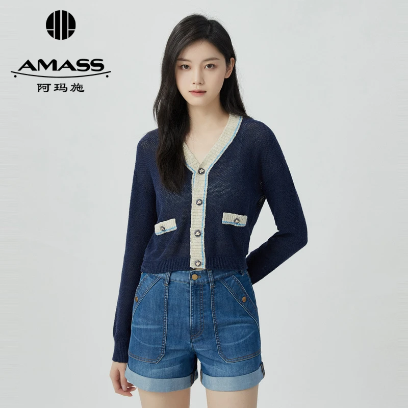 阿玛施AMASS新款V领拼色棉麻长袖针织开衫女5499208