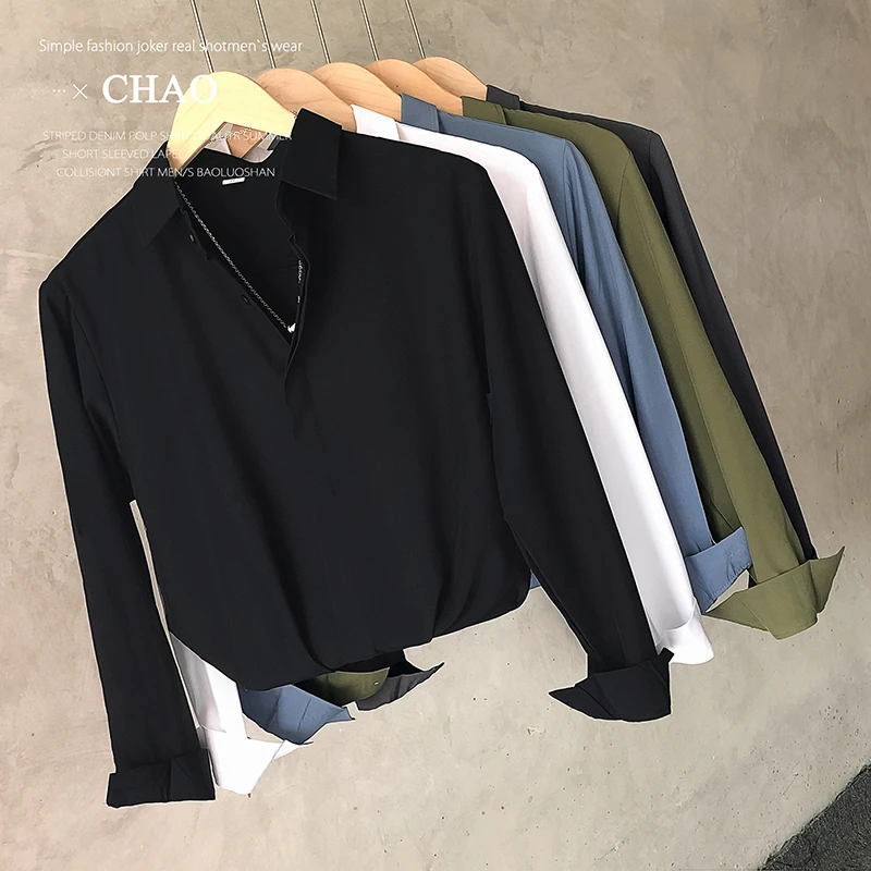 黑色衬衫男长袖韩版潮流痞帅气轻熟风男士秋季百搭休闲白色衬衣潮