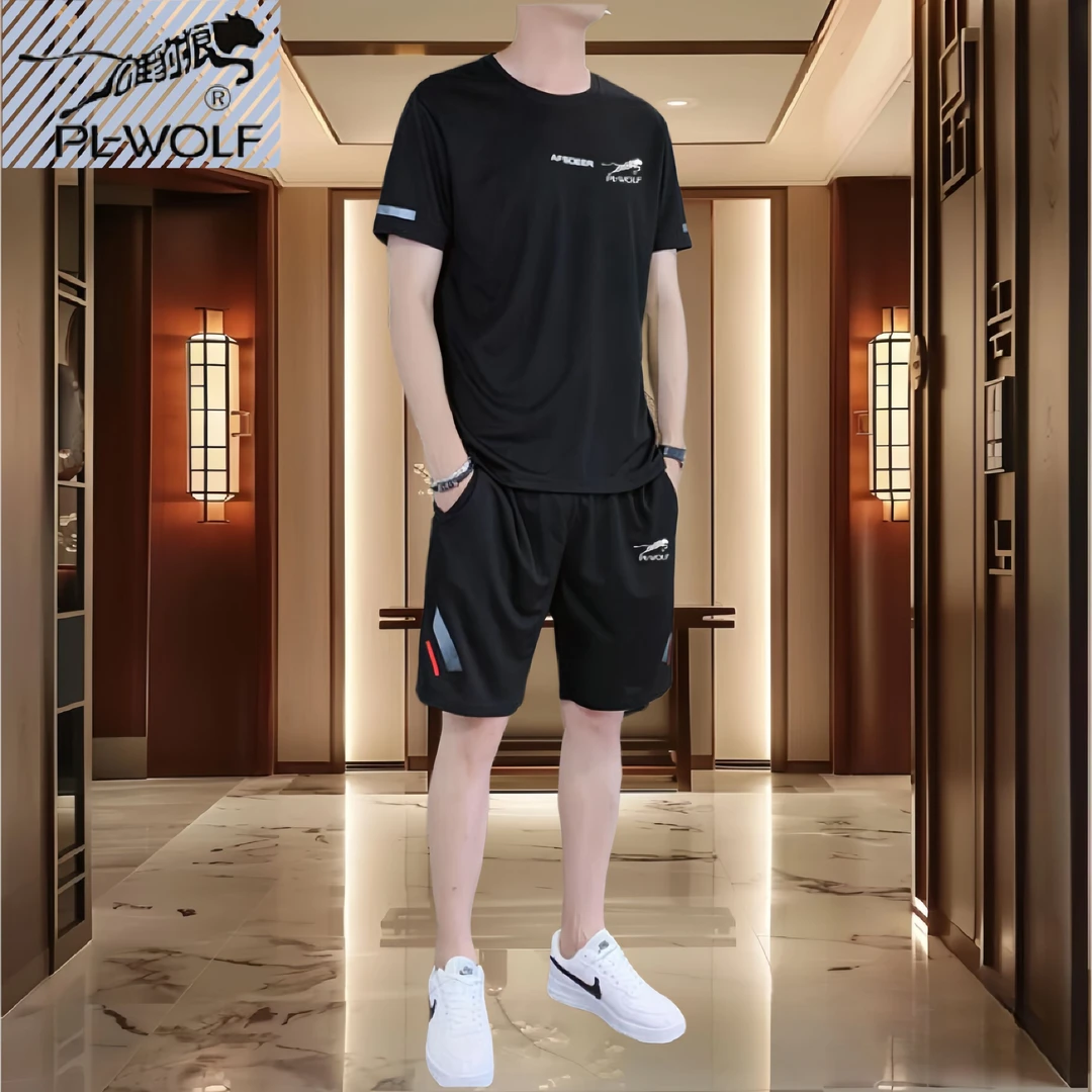 雄豹狼品牌夏季新款男士运动休闲透气短袖短裤套装时尚潮流运动服