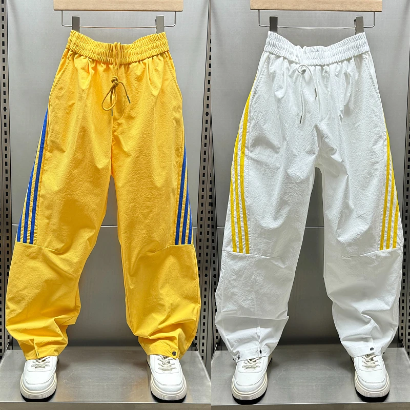 夏季薄款速干休闲裤男女同款潮流条纹拼色阔腿裤时尚按扣裤脚长裤