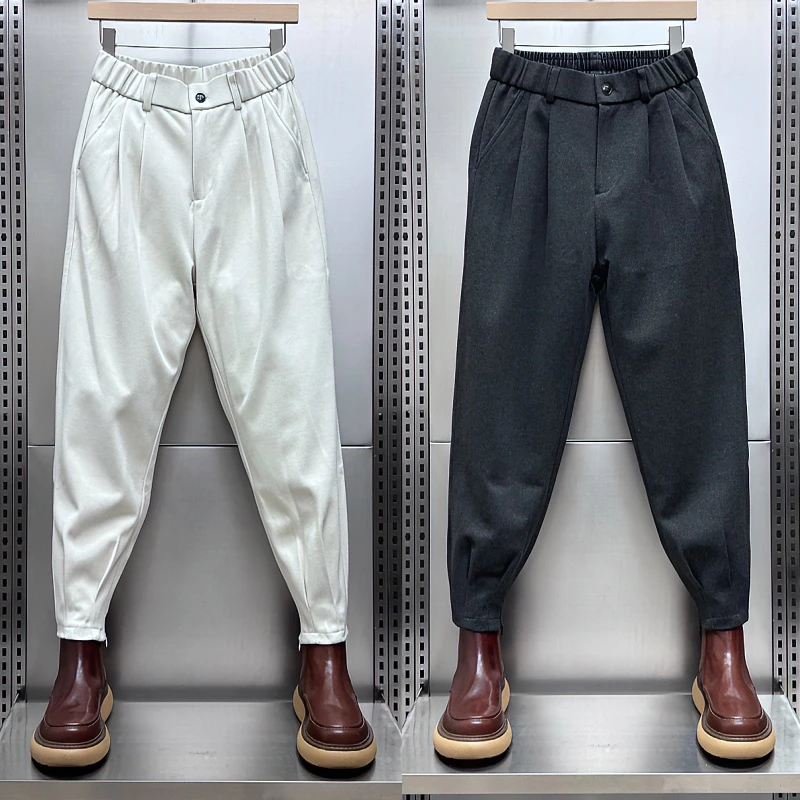 秋冬新款毛呢休闲裤男士潮牌垂感西裤青年纯色痞帅宽松束脚哈伦裤